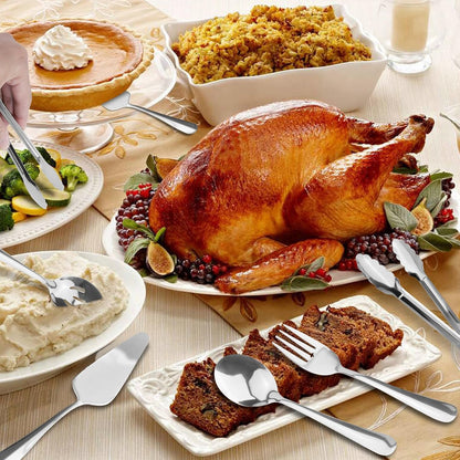 Serving Utensils, XEVOM 6-Piece Stainless Steel Serving Utensil Set Include Serving Spoon, Slotted Serving Spoon, Serving Fork,Serving Tong, Appetizers Tong,Pie Server (Silver), Regular