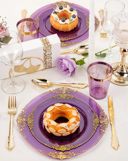 Nervure 350PCS Gold Plastic Plates - Gold Plastic Dinnerware Sets for 50 Guests - 100 Disposable Plates, 150 Silverware, 50 Cups, 50 Napkins for Wedding & Party & Mothers Day