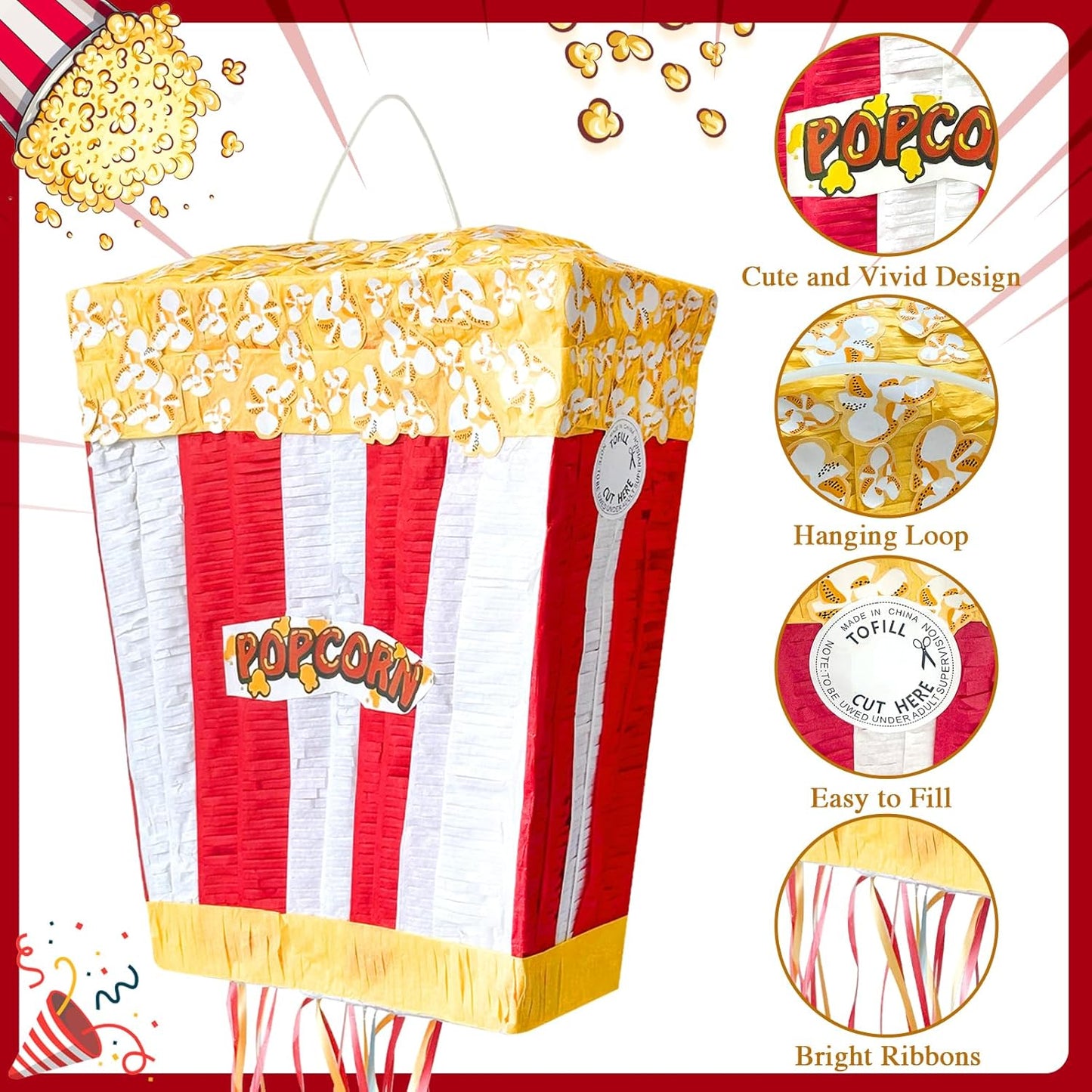 Popcorn Pinata Large Circus Piñata with Stick Hanging Loop Blindfold Star Confetti for Birthday Carnival Circus Party Video Movie Night Holiday Celebration Baby Shower Supplies 15 × 11.8 × 5.9 Inches