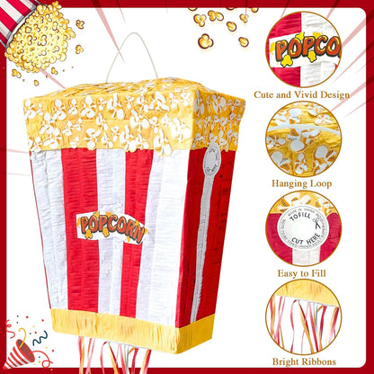 Popcorn Pinata Large Circus Piñata with Stick Hanging Loop Blindfold Star Confetti for Birthday Carnival Circus Party Video Movie Night Holiday Celebration Baby Shower Supplies 15 × 11.8 × 5.9 Inches