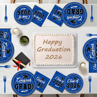 200Pcs Graduation Decorations 2026, Blue Graduation Plates and Napkins Party Supplies for 50 Guests, Disposable Grad Plates, Napkins, Dessert Plates and Forks for Grad Decor Wedding Birthday Supplies