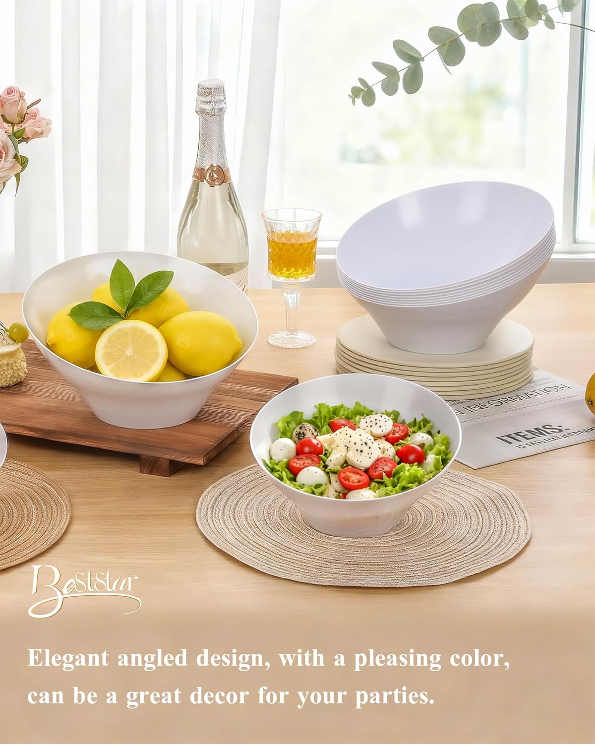 BESTSTAR Clear Plastic Serving Bowls 8 Pack 54 OZ– Angled Disposable Party Bowls for Chips, Salad, Fruit & Candy – Heavy Duty Clear Serving Bowls for Parties, Buffet, Catering, Wedding, Daily Use