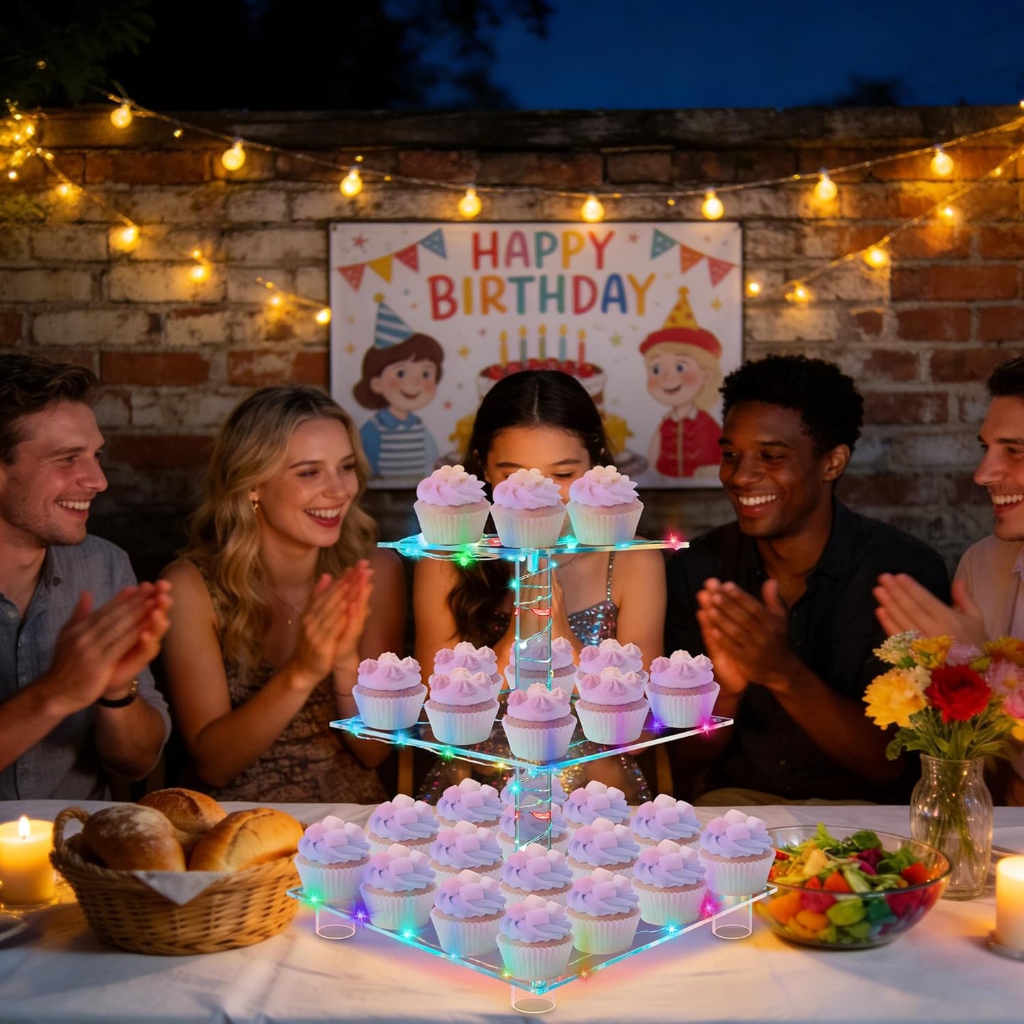 YestBuy Cupcake Stand with Yellow Led Lights, 4 Tier Cupcake Stand for 50 Cupcakes, Acrylic Cupcake Tower Stand, Clear Tiered Cupcake Holder for Birthday Cady Bar Décor Weddings, Parties Events
