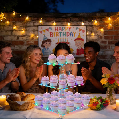 YestBuy Cupcake Stand with Yellow Led Lights, 4 Tier Cupcake Stand for 50 Cupcakes, Acrylic Cupcake Tower Stand, Clear Tiered Cupcake Holder for Birthday Cady Bar Décor Weddings, Parties Events