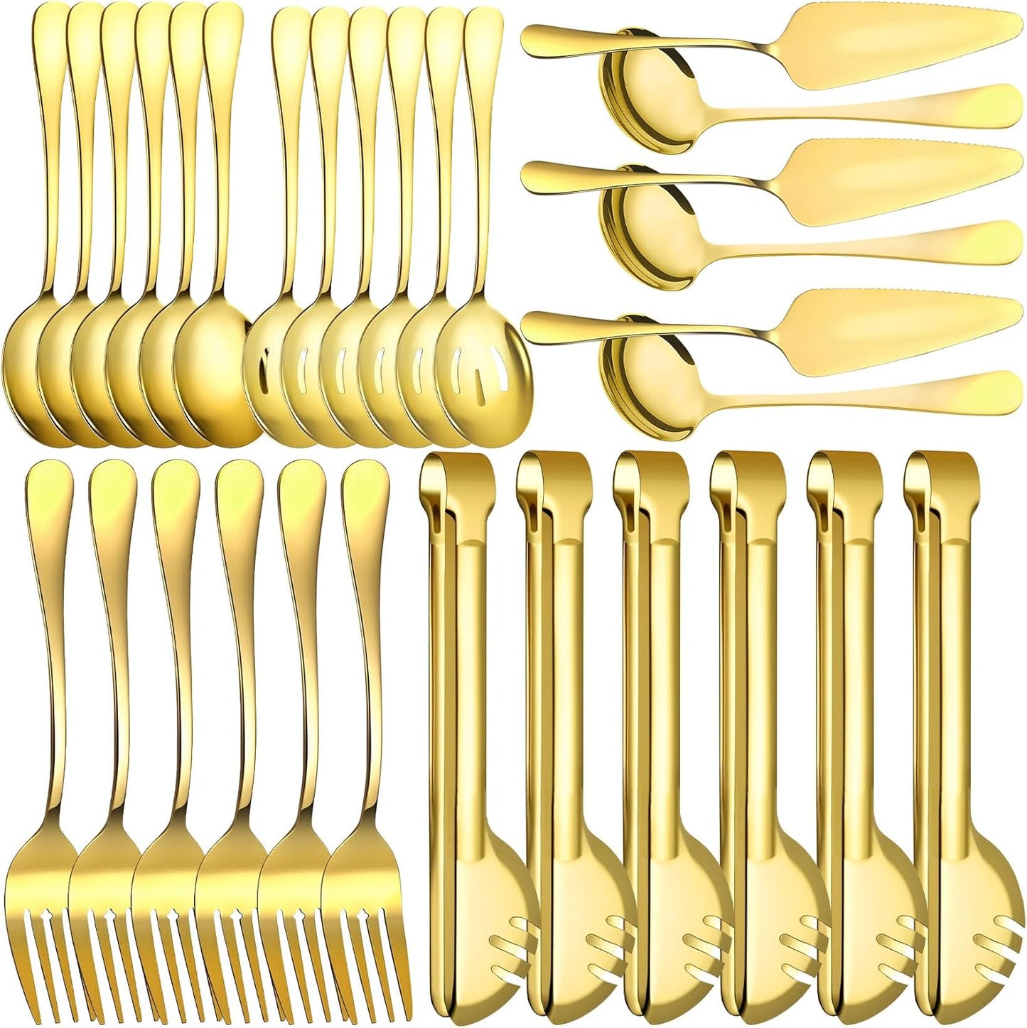 12 Pcs Gold Serving Utensils Set Include Stainless Steel Large Serving Spoons Slotted Spoons Forks Soup Ladle Pie Server - Metal Utensils for Parties Buffet Catering, Dishwasher Safe