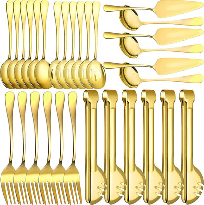 12 Pcs Gold Serving Utensils Set Include Stainless Steel Large Serving Spoons Slotted Spoons Forks Soup Ladle Pie Server - Metal Utensils for Parties Buffet Catering, Dishwasher Safe