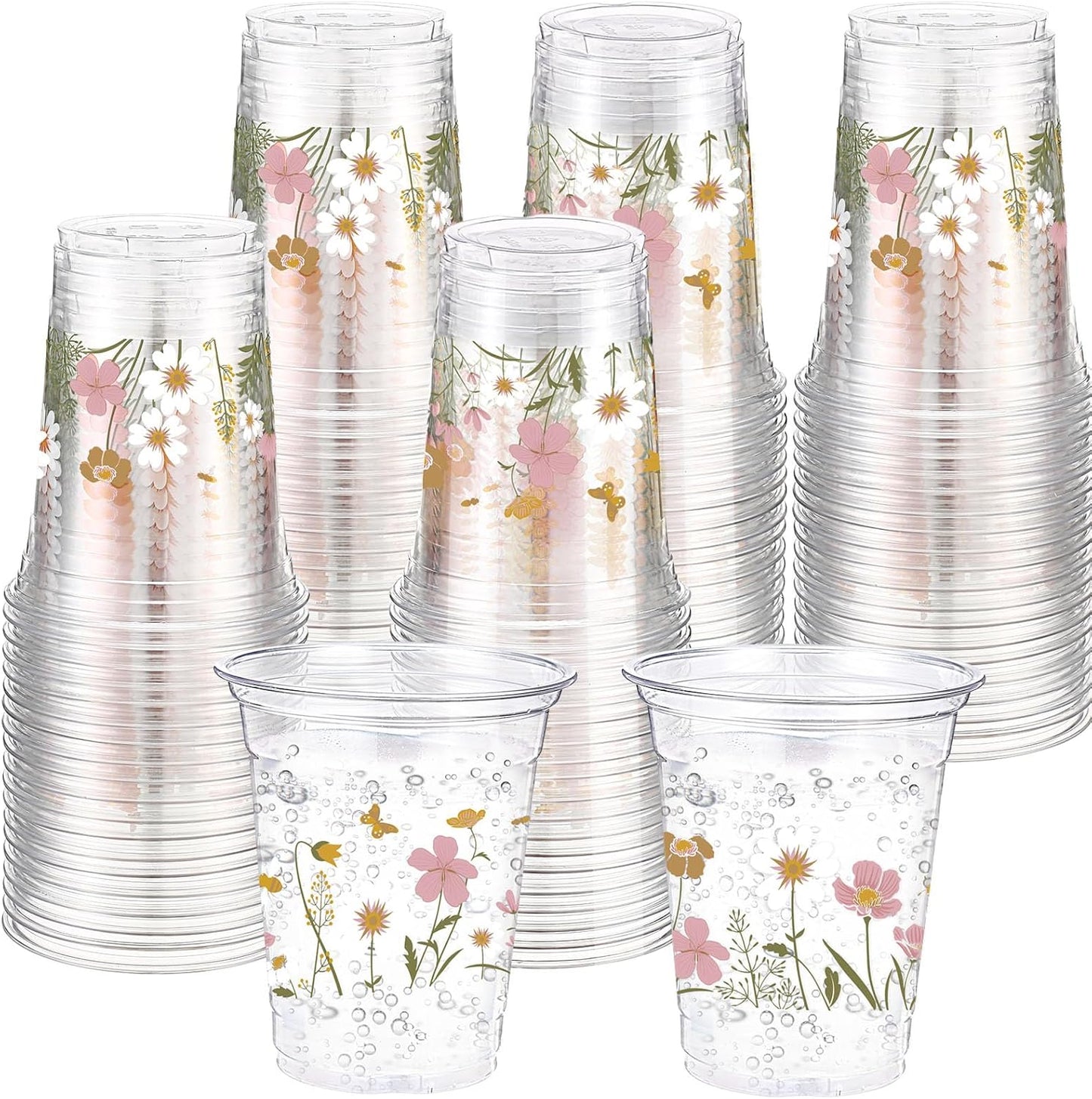 Hushee 60 Pcs Purple Floral Cups with Spring Summer Flower 16 oz Wildflowers Plastic Disposable Drinking Cups for Summer Spring Birthday Baby Shower Wedding Party Supplies