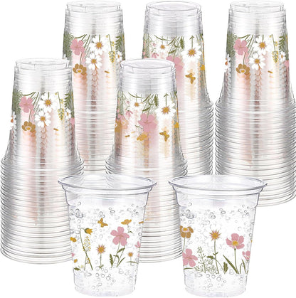Hushee 60 Pcs Purple Floral Cups with Spring Summer Flower 16 oz Wildflowers Plastic Disposable Drinking Cups for Summer Spring Birthday Baby Shower Wedding Party Supplies