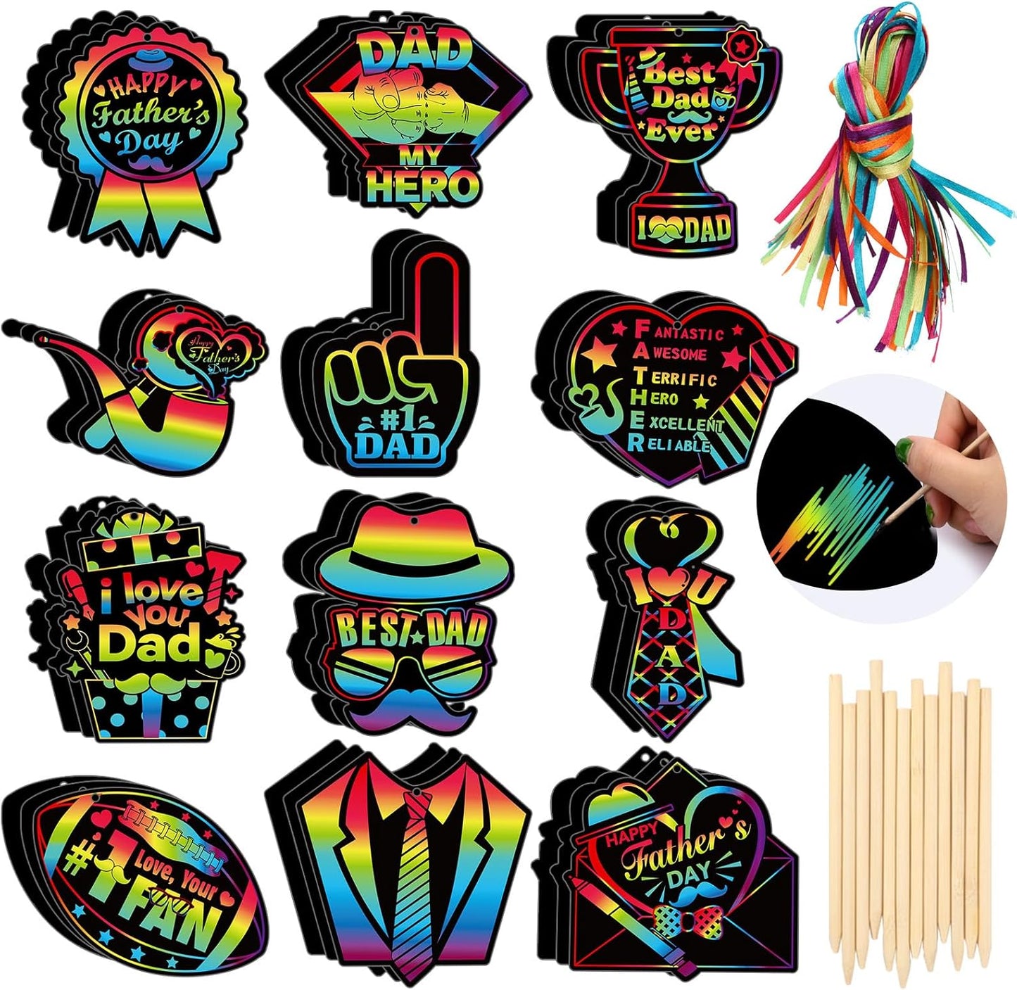 HOWAF 36pcs Father’s Day Scratch Paper Crafts Love Dad Scratch Cards Best Dad Rainbow Scratch Off Cards for Fathers Day Activity School DIY Drawing, Feliz Dia Del Padre Paper Scratch Pad for Kids