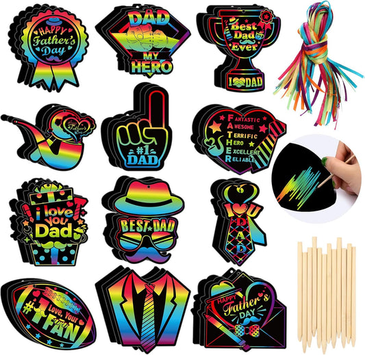 HOWAF 36pcs Father’s Day Scratch Paper Crafts Love Dad Scratch Cards Best Dad Rainbow Scratch Off Cards for Fathers Day Activity School DIY Drawing, Feliz Dia Del Padre Paper Scratch Pad for Kids