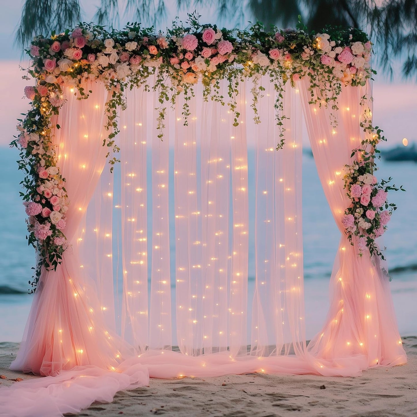 Fomcet Tulle Backdrop Curtains with Lights String White 10FT X 8FT Sheer Curtain with Lights Tulle Curtains Backdrop for Wedding Birthday Party Baby Shower Photo Shoot (2 Panels 5x8FT)