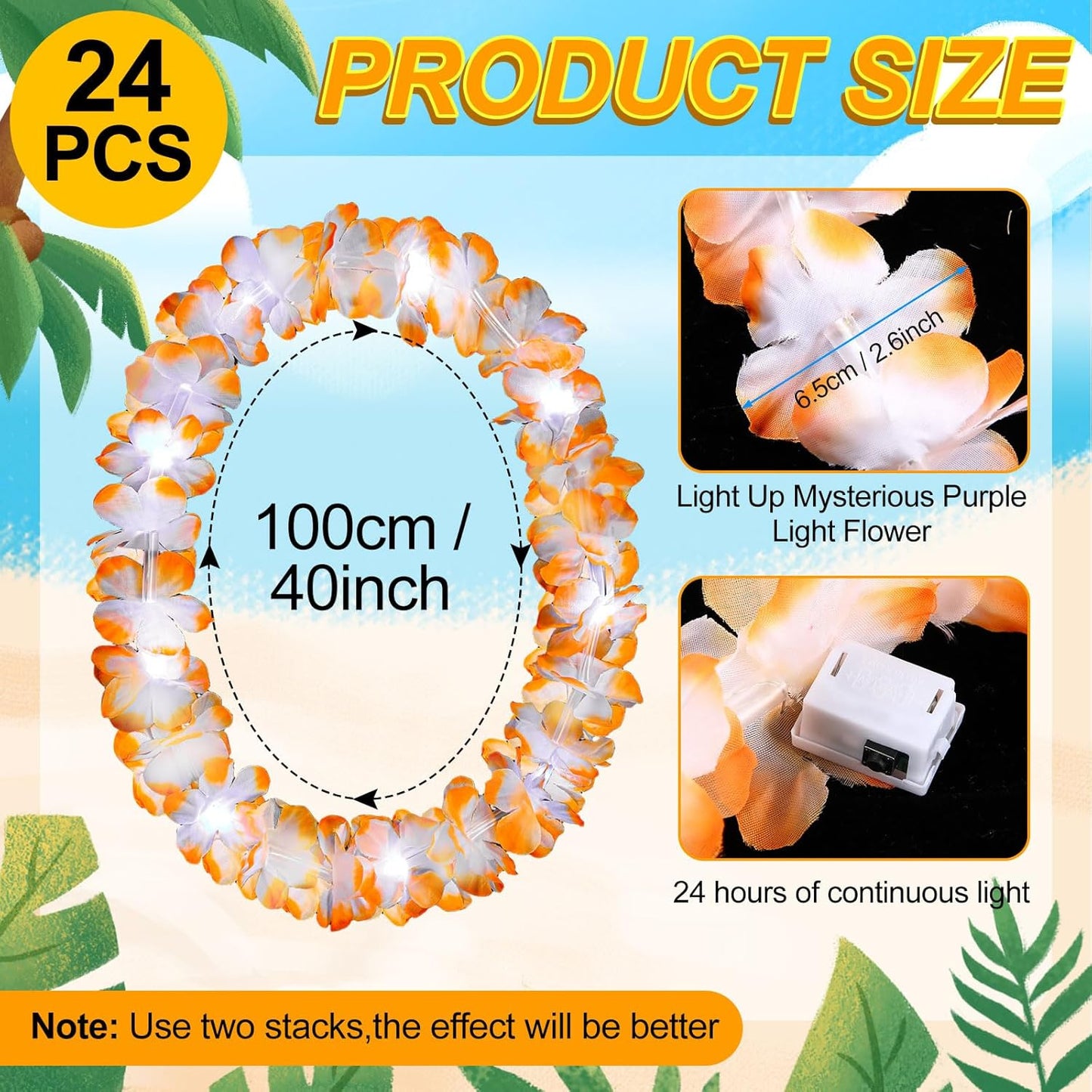 Sherr 24 Pcs LED Leis Light Up Purple and Gold Hawaiian Flower Necklaces, Graduation 2026 Party Supplies, Class of 2026 Leis for Beach Wedding Luau Glow Party Favors