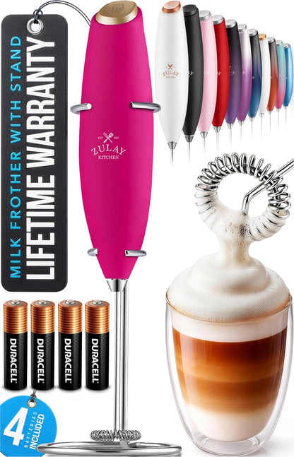 Zulay Kitchen Powerful Milk Frother Wand With Duracell Batteries - Ultra Fast Handheld Drink Mixer - Electric Whisk Foam Maker for Coffee, Lattes, Cappuccino & Matcha - Z1 Motor - Black - Colors A