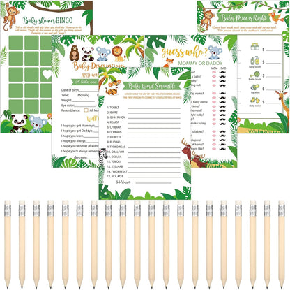 Yinder 145 Pcs Baby Shower Games Activities Cards with 20 Pencils Includes Baby Bingo Description and Wishes Guess Who Price is Right Word Scramble Game(Here Comes the Son)