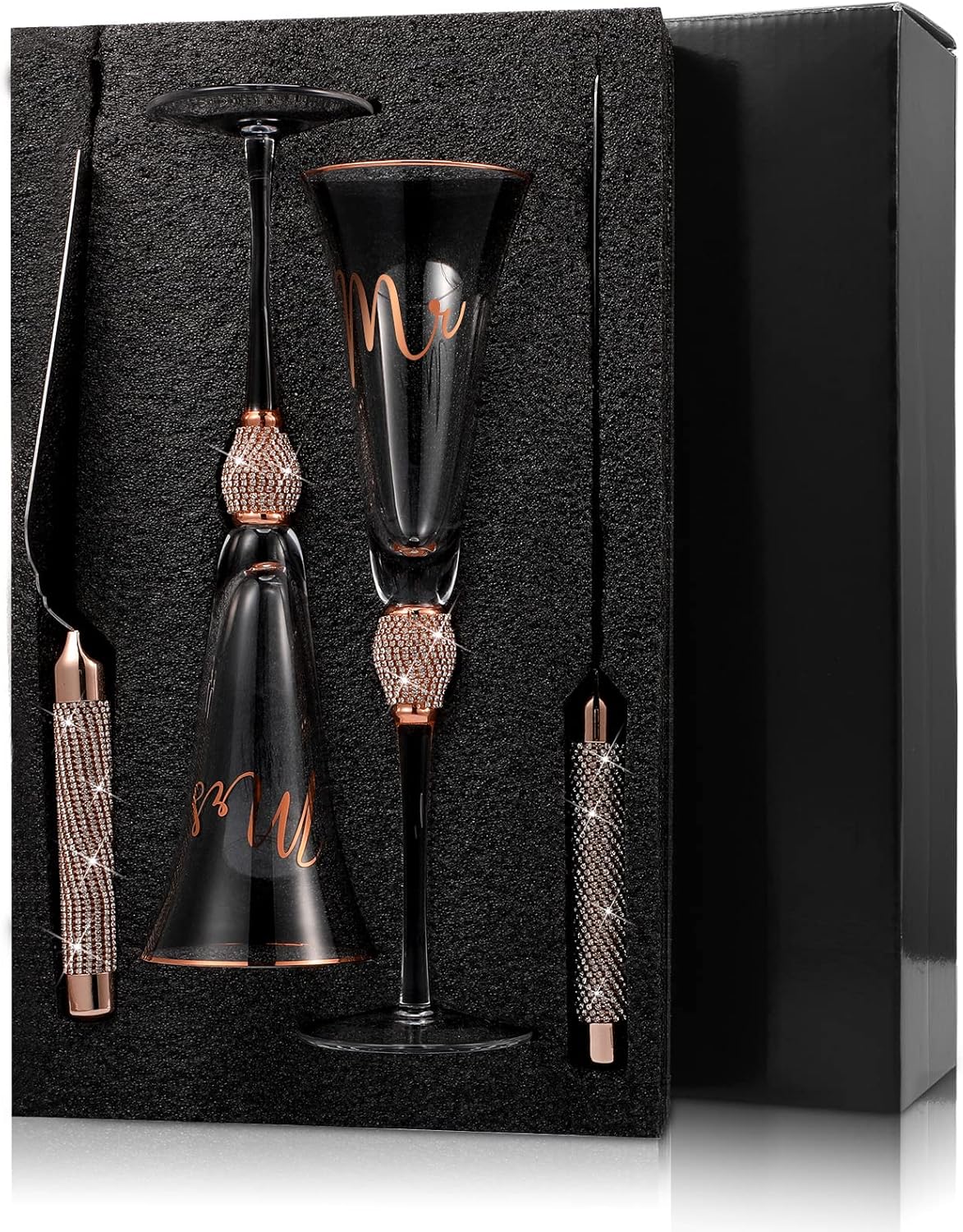 Boao 4 Piece Mr and Mrs Champagne Flutes and Cake Knife Server Set Crystal Wedding Toasting Flutes Rhinestone Cake Cutting Set for Bride and Groom Wedding Engagement Bridal Shower Gifts(Silver)