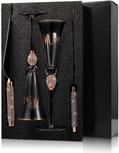 Boao 4 Piece Mr and Mrs Champagne Flutes and Cake Knife Server Set Crystal Wedding Toasting Flutes Rhinestone Cake Cutting Set for Bride and Groom Wedding Engagement Bridal Shower Gifts(Silver)