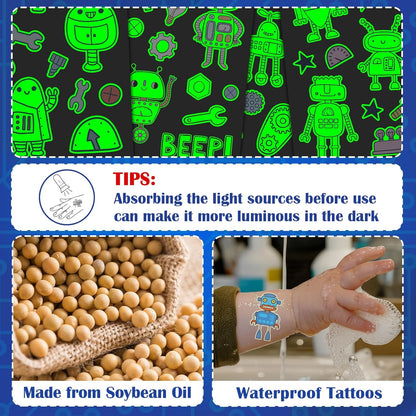 Partywind 380 Styles (30 Sheets) Luminous Tattoos for Kids, Mixed Styles Temporary Tattoos Stickers with Mermaid/Dinosaur/Space/Pirate for Boys and Girls, Glow Party Supplies