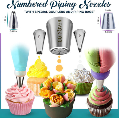 RFAQK 90PCs Cake Decorating Kit with Leveler, Baking Supplies Gift Includes Cake Stand Turntable, 24 Numbered Icing Tips, 55+1 Piping Bags, 2 Frosting Spatulas, 3 Scrappers, Video Course & Booklet