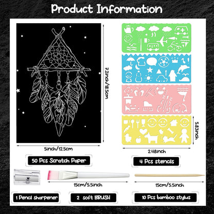 Noveread 67 Pcs Scratch Paper Art Set Scratchboard Craft Kits Black Coated Scratch Paper Wood Art Stylus and Stencils for DIY Birthday Party Gift Supplies (7.2 x 5 Inch)