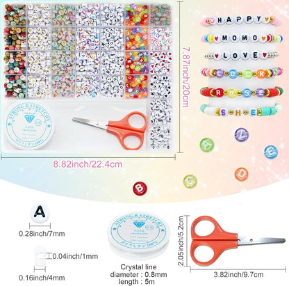 Amaney 1400pcs Glow Letter Beads, Heart Beads Whit Elastic Beading Cord,4x7mm Round Acrylic Alphabet Beads for Friend Bracelet Jewelry Making