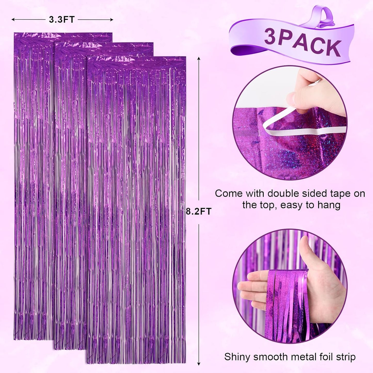 Voircoloria 3 Pack 3.3x8.2 Feet Gold Foil Fringe Backdrop Curtains, Tinsel Streamers, Fringe Backdrop for 2025 New Years Eve, Graduation, Birthday, Baby Shower, Gender Reveal, Disco Party - Colors A