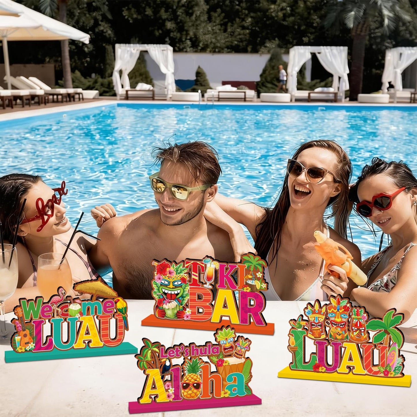 4 Pcs Luau Party Decorations Wooden Table Decorations Tiki Bar Aloha Table Centerpieces Tropical Luau Welcome Wood Signs Hawaiian Party Decorations for Summer Beach Party Decor