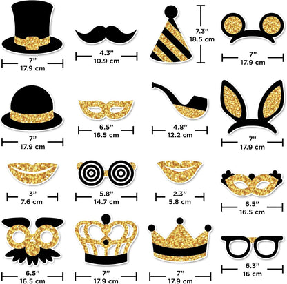 Premium Birthday Photo Booth Props Kit, 16 Black & Gold (No Glitter), Durable & Easy-to-Use Photobooth Props Signs for Memorable Photos & Unforgettable Celebrations by PixiPy