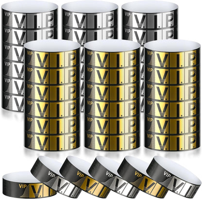 200 Pack VIP Wristbands for Events VIP Bracelets Paper Waterproof Party Wristbands for Events Amusement Parks Concerts Fairs Festivals, 0.79 x 10 Inch(Gold)