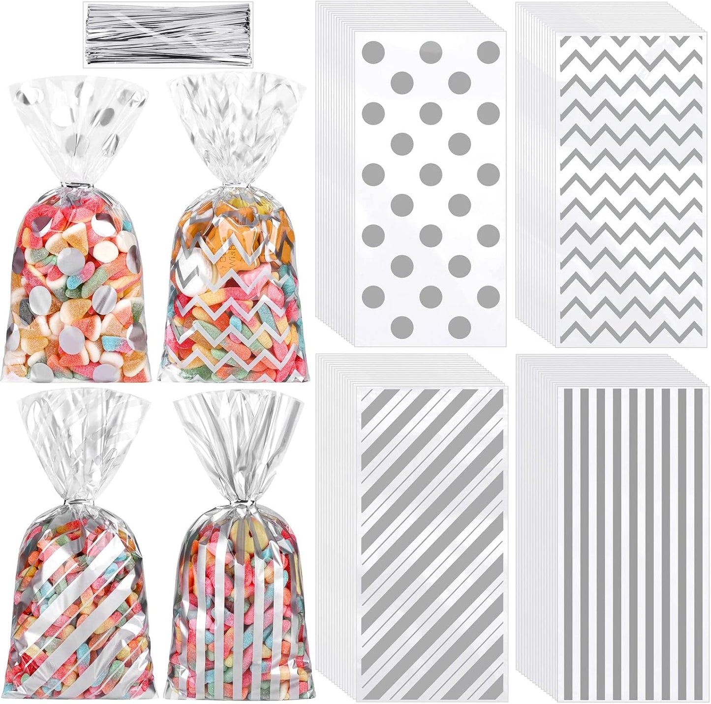 Aodaer 100 Pieces 10.6 x 5.1 In White Cellophane Bags Plastic Candy Gift Bag Cellophane Treat Bags with Twist Ties Stripes Polka Dot Printed Pattern Goodie Bag for Birthday Weddings Party Favors