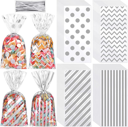 Aodaer 100 Pieces 10.6 x 5.1 In White Cellophane Bags Plastic Candy Gift Bag Cellophane Treat Bags with Twist Ties Stripes Polka Dot Printed Pattern Goodie Bag for Birthday Weddings Party Favors