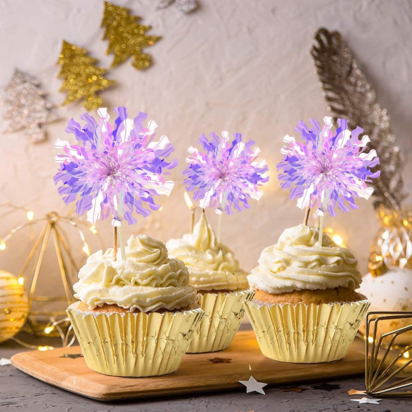 Ephlyn 30Pcs Foil Firework Cupcake Toppers Sparkle Tinsel Cupcake Picks Drink Stirrers Cocktail Food Fruit Toothpicks for Baby Shower Graduation Party Supplies White