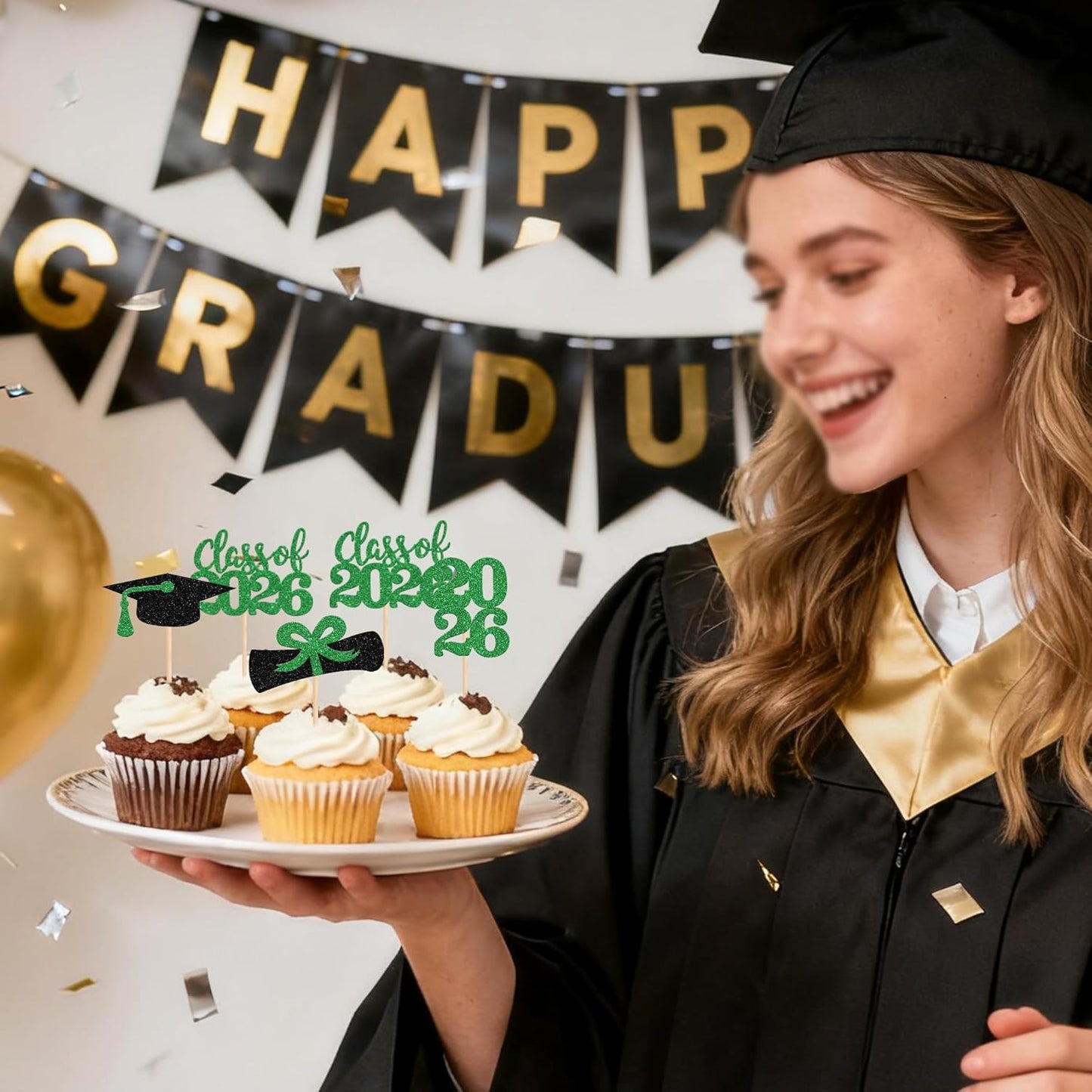36 PCS 2026 Graduation Theme Cupcake Toppers Glitter Class of 2026 Grad Cap Diploma Cupcake Picks 2026 Graduation Theme Party Cake Decorations Supplies Deep Blue