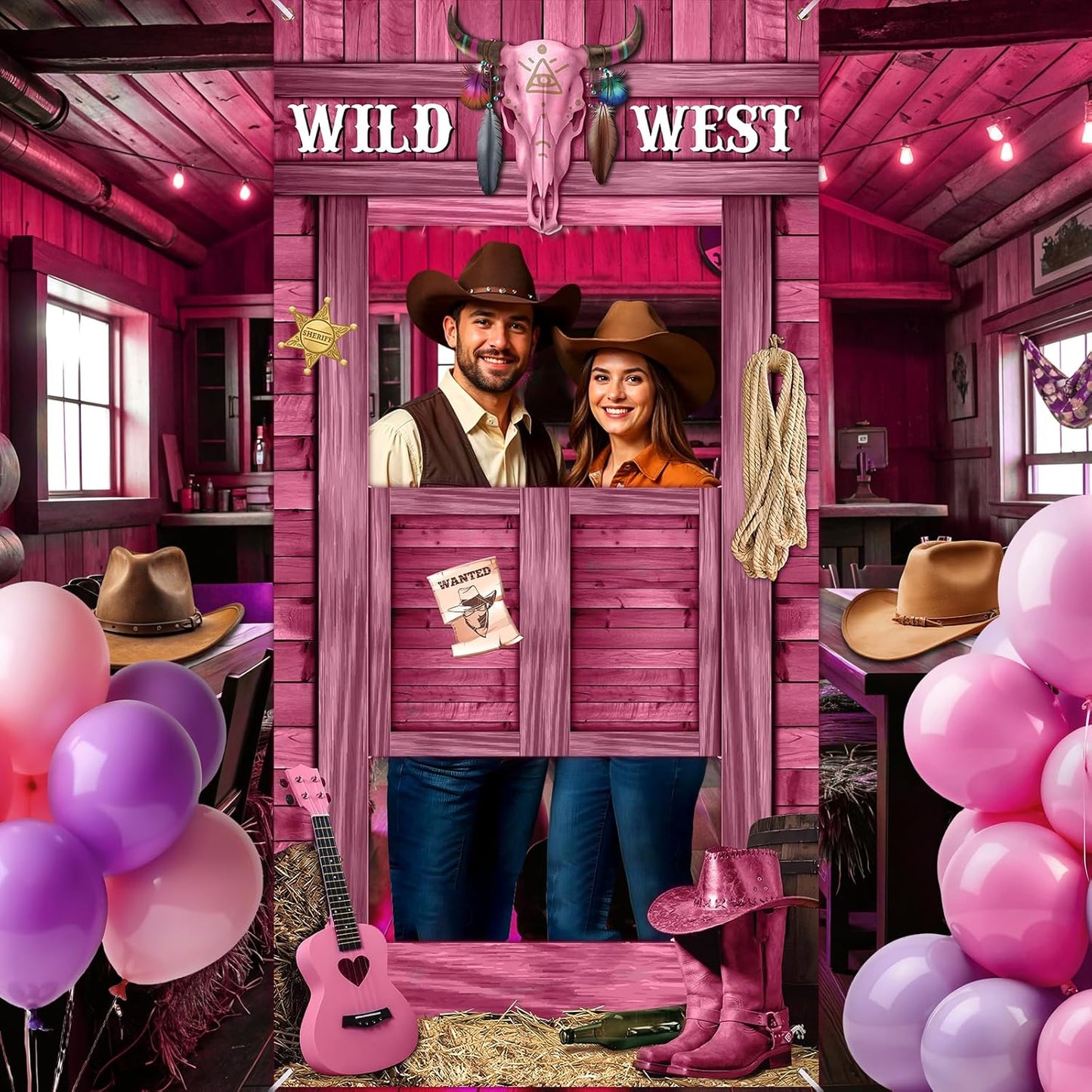 Large Cowgirl Party Decorations Wild West Pink Photo Banner Fun Frame Banner West Wanted Photo Booth Prop Wild Western Selfie Banner for Wild West Western Theme Birthday Party Game Decoration Supplies