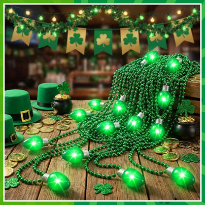 Ferreve 12 Pcs St Patricks Day Light up Beads Necklace Bulk LED Saint Patricks Day Lanyard Bulb Necklaces with 3 Light Modes Glow Tossing Beads for Irish Parade Party Favors Accessories (Green)