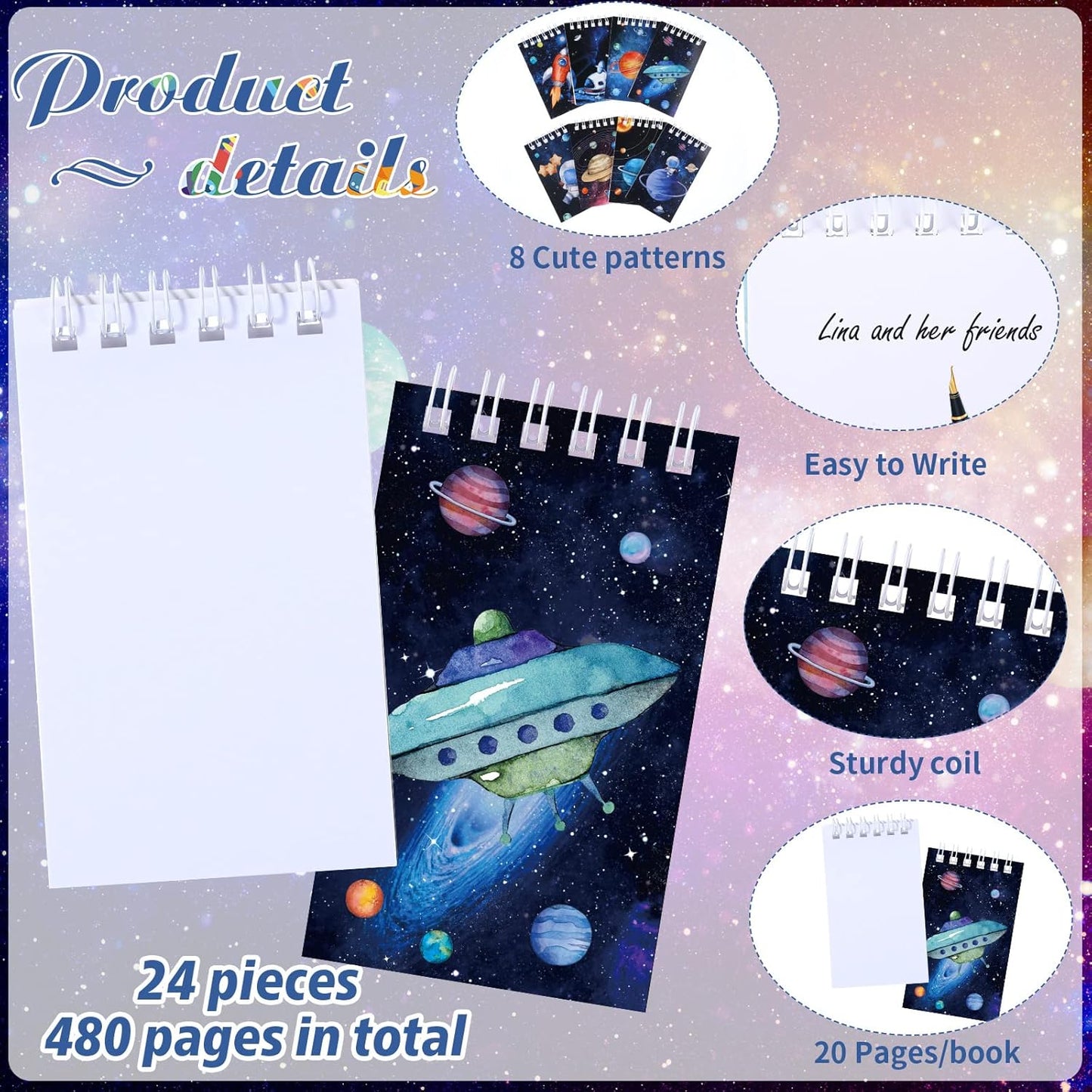 Teling 24 Pieces Outer Space Notepads Galaxy Mini Notebooks Space Birthday Party Favors Astronaut Rocket Planet Mini Spiral Notepads for Solar System Birthday Party Teacher Rewards