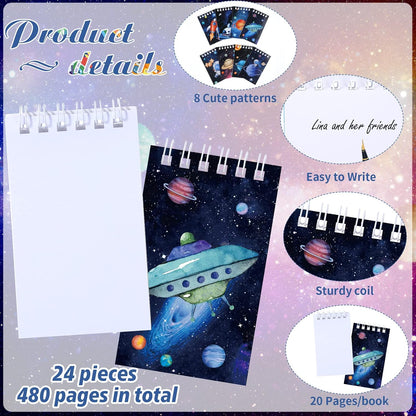 Teling 24 Pieces Outer Space Notepads Galaxy Mini Notebooks Space Birthday Party Favors Astronaut Rocket Planet Mini Spiral Notepads for Solar System Birthday Party Teacher Rewards