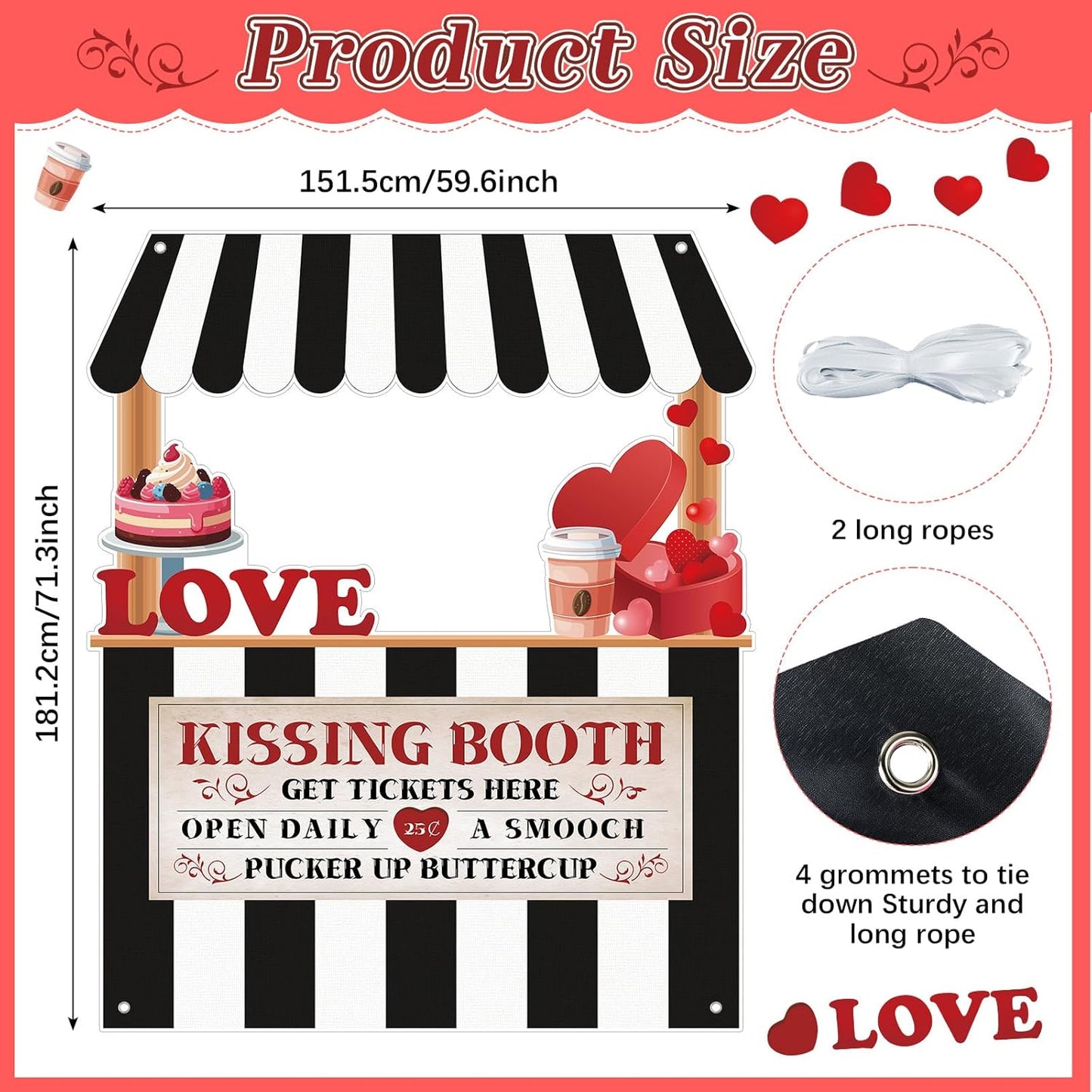 Valentine's Day Kissing Booth Backdrop Photo Prop Selfie Frame Movie Party Decor Black & White Love Theme Decoration Fabric Photo Backdrop for Holiday Event Carnival Party Celebration 71.3x59.6 Inch