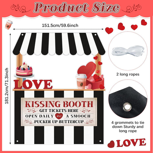 Valentine's Day Kissing Booth Backdrop Photo Prop Selfie Frame Movie Party Decor Black & White Love Theme Decoration Fabric Photo Backdrop for Holiday Event Carnival Party Celebration 71.3x59.6 Inch