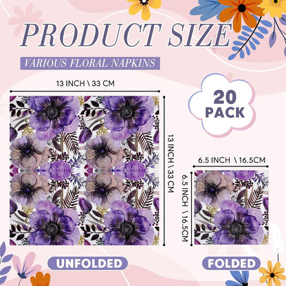 Crtiin 20 Pack Decoupage Napkins Floral Napkins Flower Cocktail Paper Decorative Toilet for Valentine's Day Birthday Party Beautiful Gorgeous, 20 Styles Each 6.5 Inches(Style 1)
