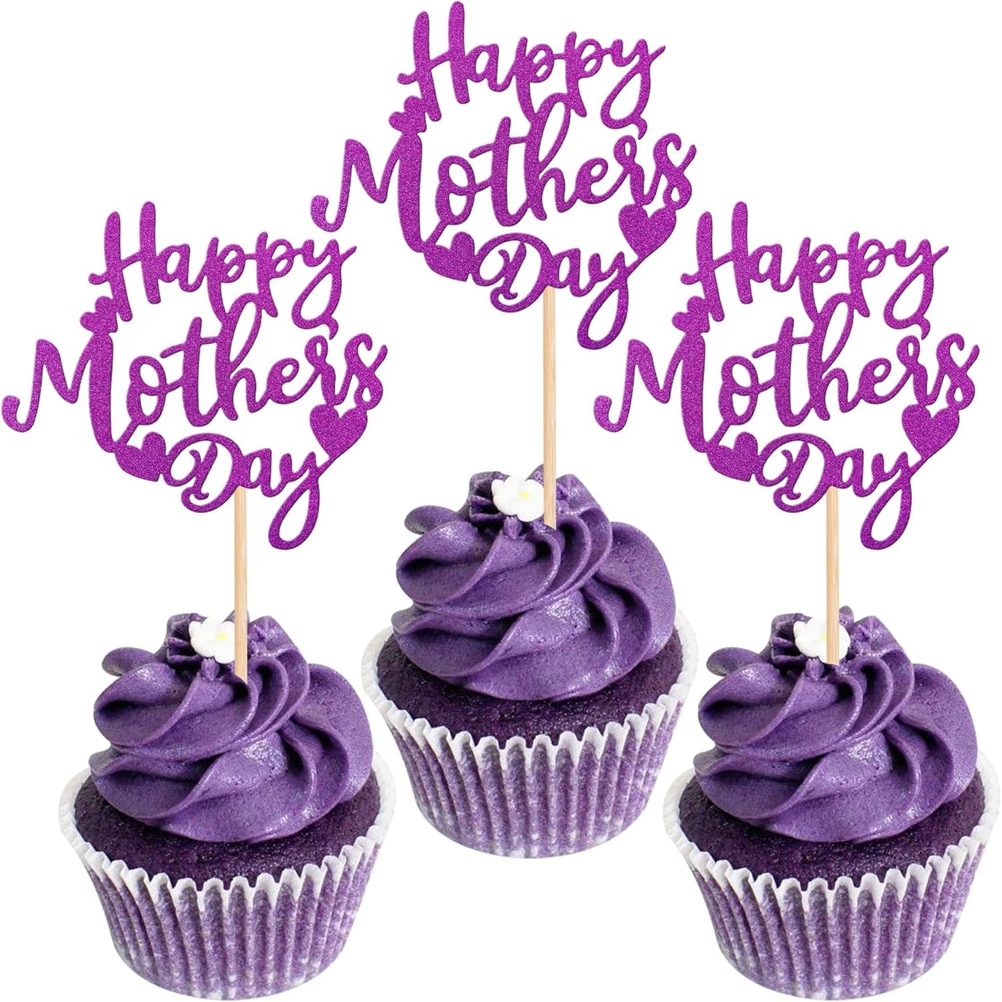 24 PCS Happy Mother's Day Cupcake Toppers with Glitter Heart Love Mother Best Mom Cupcake Picks for Happy Mother's Day Theme Women Birthday Party Cake Decorations Supplies Rose Gold