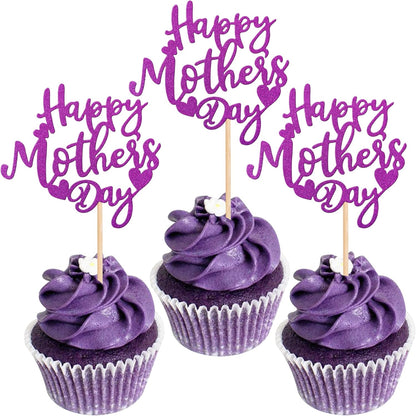 24 PCS Happy Mother's Day Cupcake Toppers with Glitter Heart Love Mother Best Mom Cupcake Picks for Happy Mother's Day Theme Women Birthday Party Cake Decorations Supplies Rose Gold