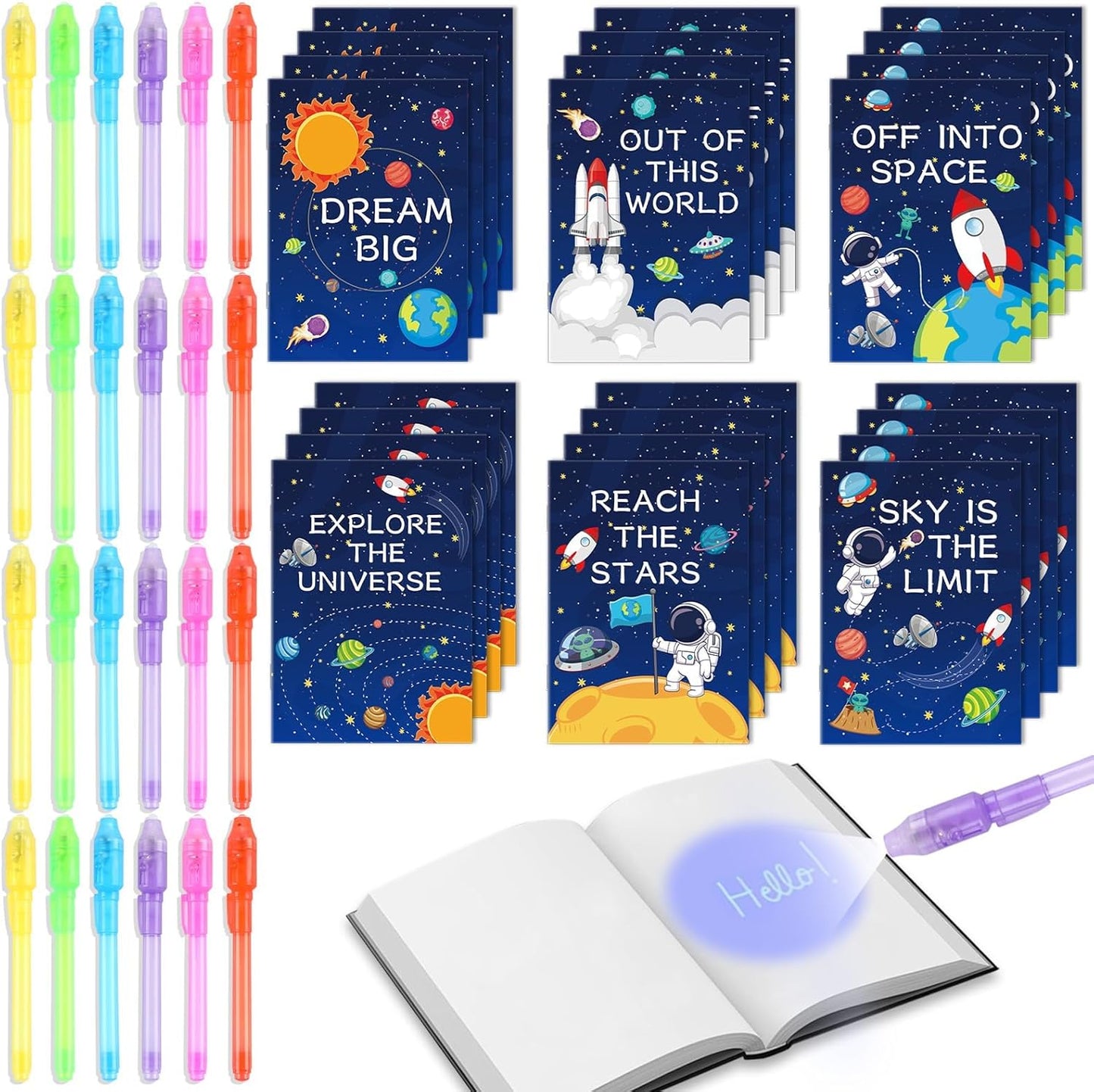 ZOIWA 48Pcs Outer Space Party Favors Notepads with Invisible Ink Pen Astronaut Party Favors Magic Spy Pens with Light Mini Space Notebooks for Kids Solar System Galaxy Party Gifts Goodie Bags Stuffers