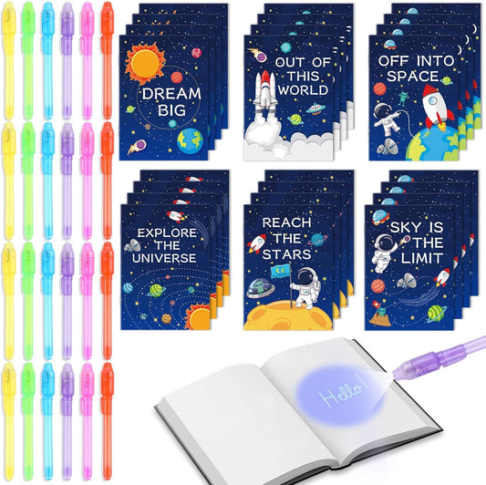 ZOIWA 48Pcs Outer Space Party Favors Notepads with Invisible Ink Pen Astronaut Party Favors Magic Spy Pens with Light Mini Space Notebooks for Kids Solar System Galaxy Party Gifts Goodie Bags Stuffers