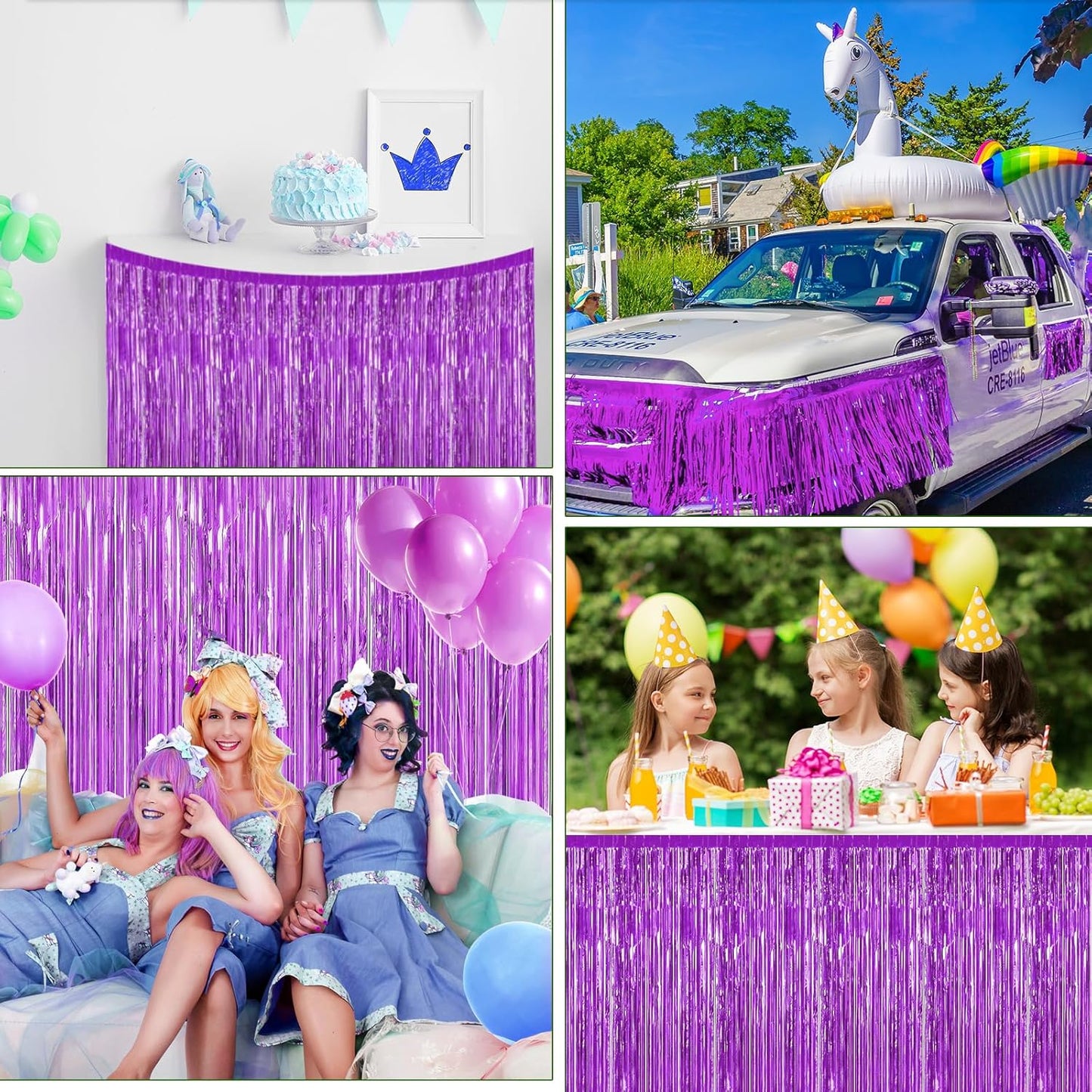 2 Pack 29.5x108 Inch Silver Foil Tinsel Fringe Table Skirts, Disposable Table Skirts for Rectangle Tables Curtains Backdrop Parade Wedding Floats Baby Shower Birthday Mardi Gras Party