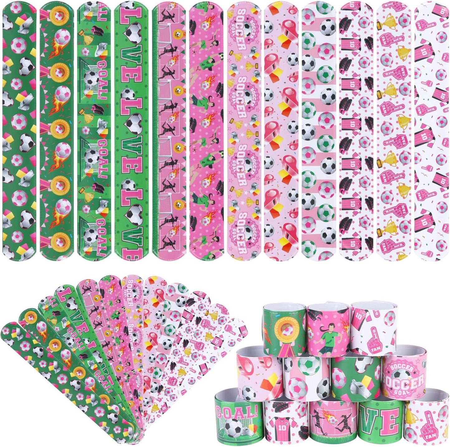 Serencatcher 48PCS Soccer Slap Bracelets Bulk, Soccer Party Favors Pink Soccer Slap Wristbands for Soccer Birthday Party Supplies Gifts Sports Football Themed Party Decorations