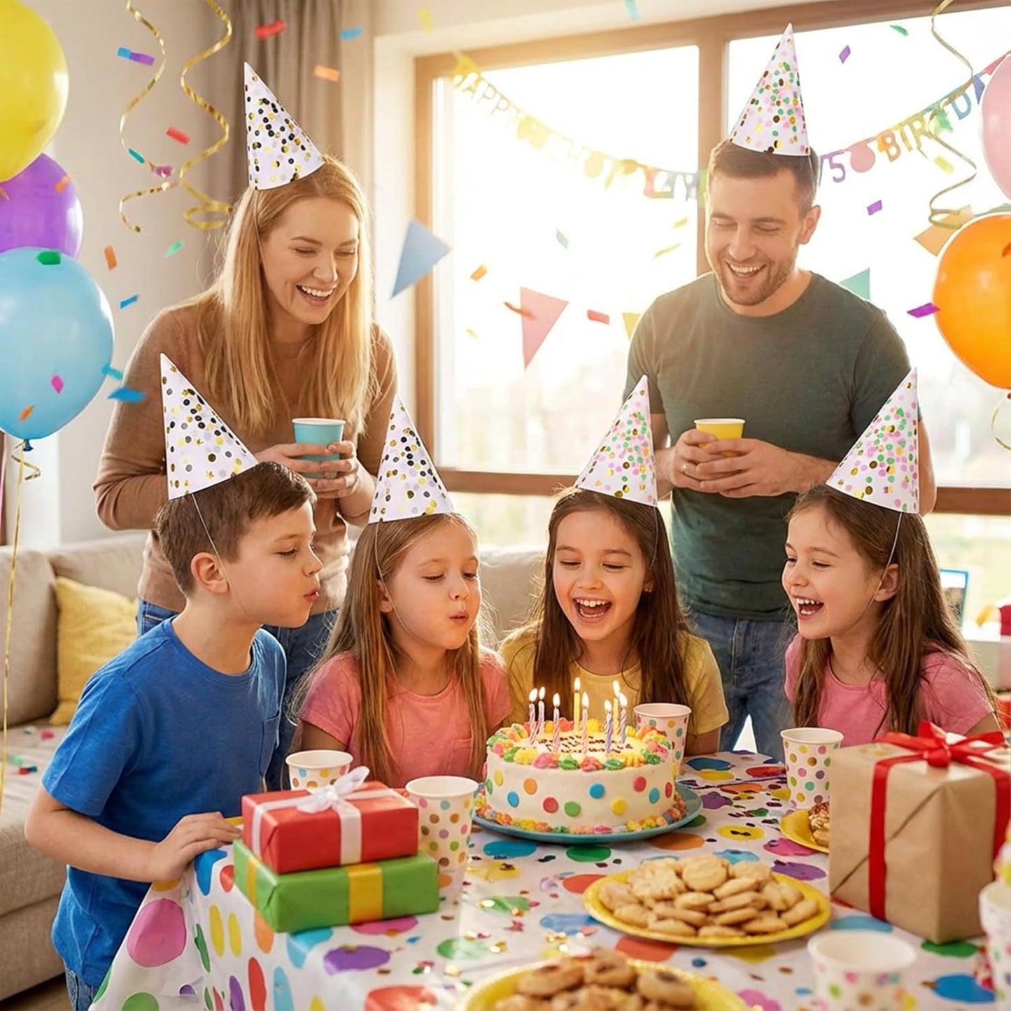 Boieo Party Hats Birthday Cone Hat for Adults Kids Gold Polka Dot Paper with Elastic String 12 pcs