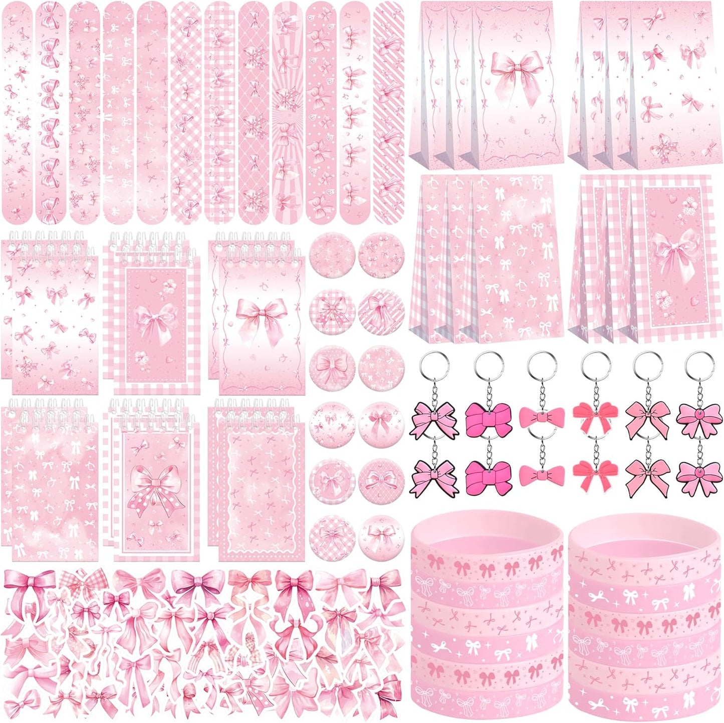 122PCS Pink Bow Party Favors - 50 Stickers, 12 Keychain, 12 Button Badges, 12 Mini Notepads, 12 Slap Bracelets, 12 Rubber Bracelets, 12 Goodie Bags for Girls for Coquette Birthday Decorations