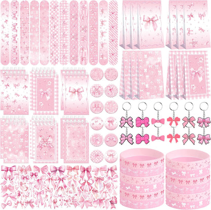 122PCS Pink Bow Party Favors - 50 Stickers, 12 Keychain, 12 Button Badges, 12 Mini Notepads, 12 Slap Bracelets, 12 Rubber Bracelets, 12 Goodie Bags for Girls for Coquette Birthday Decorations