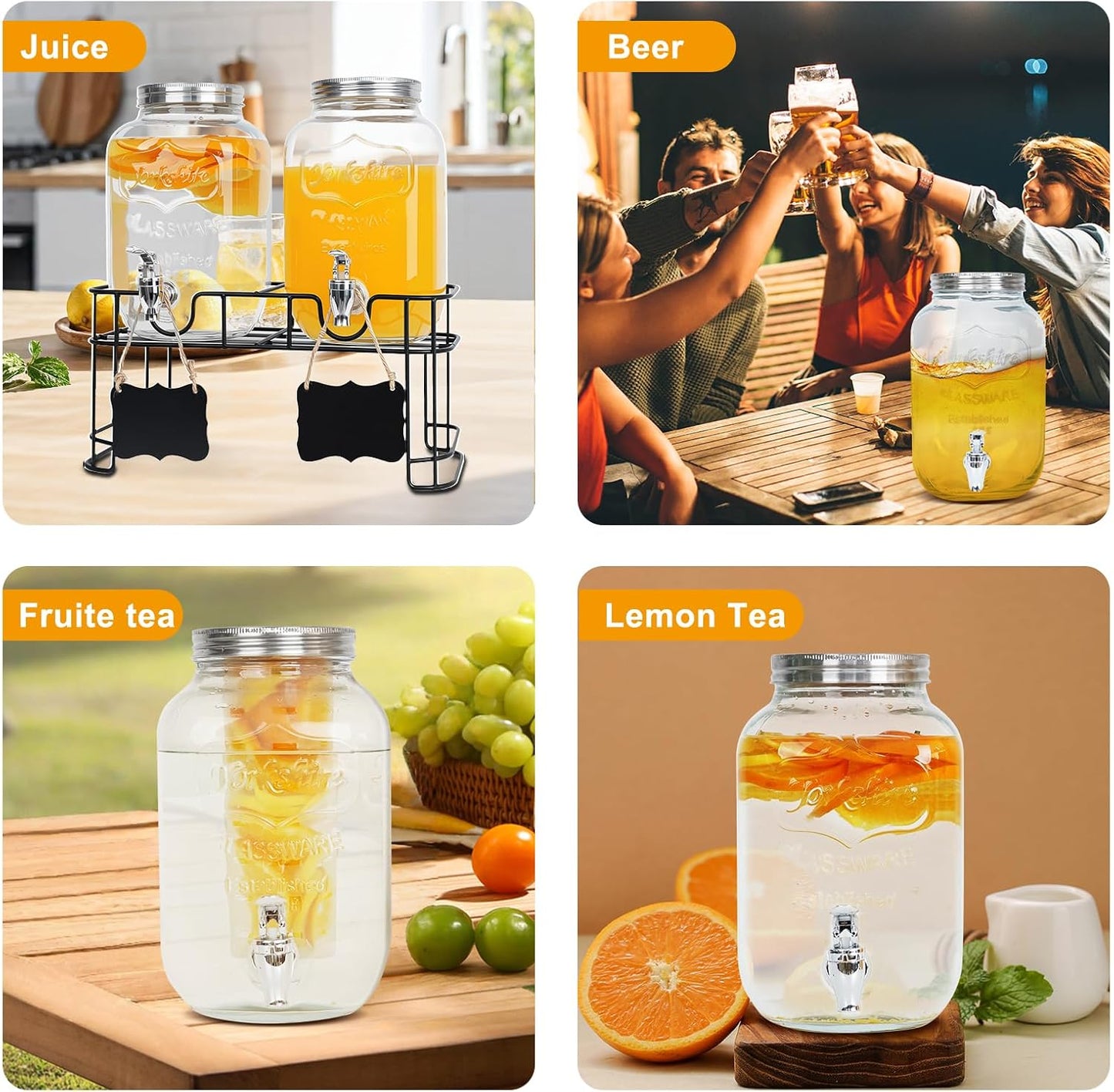 2-Pack 1 Gallon Glass Drink Dispensers for Parties - Leak-Proof Beverage Dispenser with Stand, Spigot, Ice Cylinder & Chalkboard Labels - Perfect for Lemonade, Iced Tea, and Party Drinks