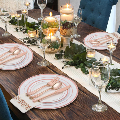 Goodluck 350 Pieces Gold Dinnerware Set for 50 Guests, Plastic Plates Disposable for Party, Include: 50 Gold Rim Dinner Plates, 50 Dessert Plates, 50 Paper Napkins, 50 Cups, 50 Gold Silverware Set